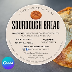 Editable Cottage Sourdough Food Label, Bread Bakery Sticker, Printable Food Ingredient, Farmers Market, Canva Template, Home Baked Goods