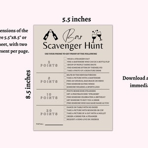 May include: A printable bar scavenger hunt game card with a beige background and black text. The card is 5.5 inches by 8.5 inches and includes a list of 20 challenges to complete at a bar, with points awarded for each challenge. The challenges include taking a selfie in the men's bathroom, finding a bartender who can do a bottle flip, and ordering a drink for a stranger.