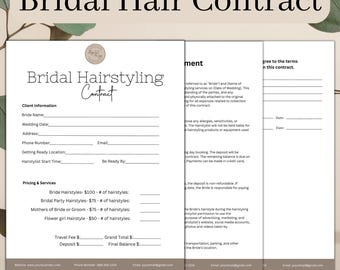 Bridal Hair Contract, Bridal Hair Styling Template, Bridal Contract, Wedding Hair Styling, Hairstylist Contract Template, Bridal Client Form