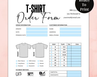 Shirt Order Form, Editable T-Shirt Order Form Template, Custom Order Template, Fillable T-Shirt Template, Small Business Order Forms