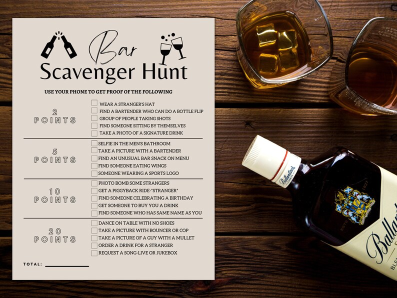 May include: A beige card with a bar scavenger hunt list. The list has 20 points worth of challenges to complete at a bar. The challenges include taking photos, getting drinks, and interacting with other people.