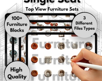 May include: A digital tablet screen displaying a collection of 100+ single seat furniture blocks in top view. The furniture is in various styles and colors. The text "Single Seat Top View Furniture Sets" is at the top of the screen. The text "100+ Furniture Blocks" is in a circle on the left side of the screen. The text "3 Different Files Types" is in a circle on the right side of the screen. The text "High Quality" is in a circle at the bottom left of the screen.