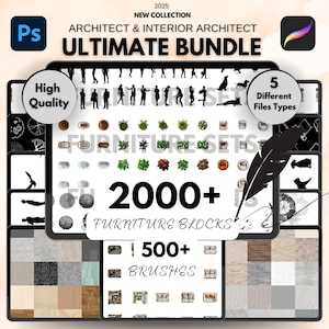 Könnte beinhalten: Eine digitale Illustration einer Sammlung von über 2000 Möbelblöcken und über 500 Pinseln für Innenarchitektur und Architektur. Das Bild zeigt eine Vielzahl von Möbeln, Pflanzen und anderen Designelementen. Der Text "2000+ Furniture Blocks" und "500+ Brushes" ist auf dem Bild zu sehen.
