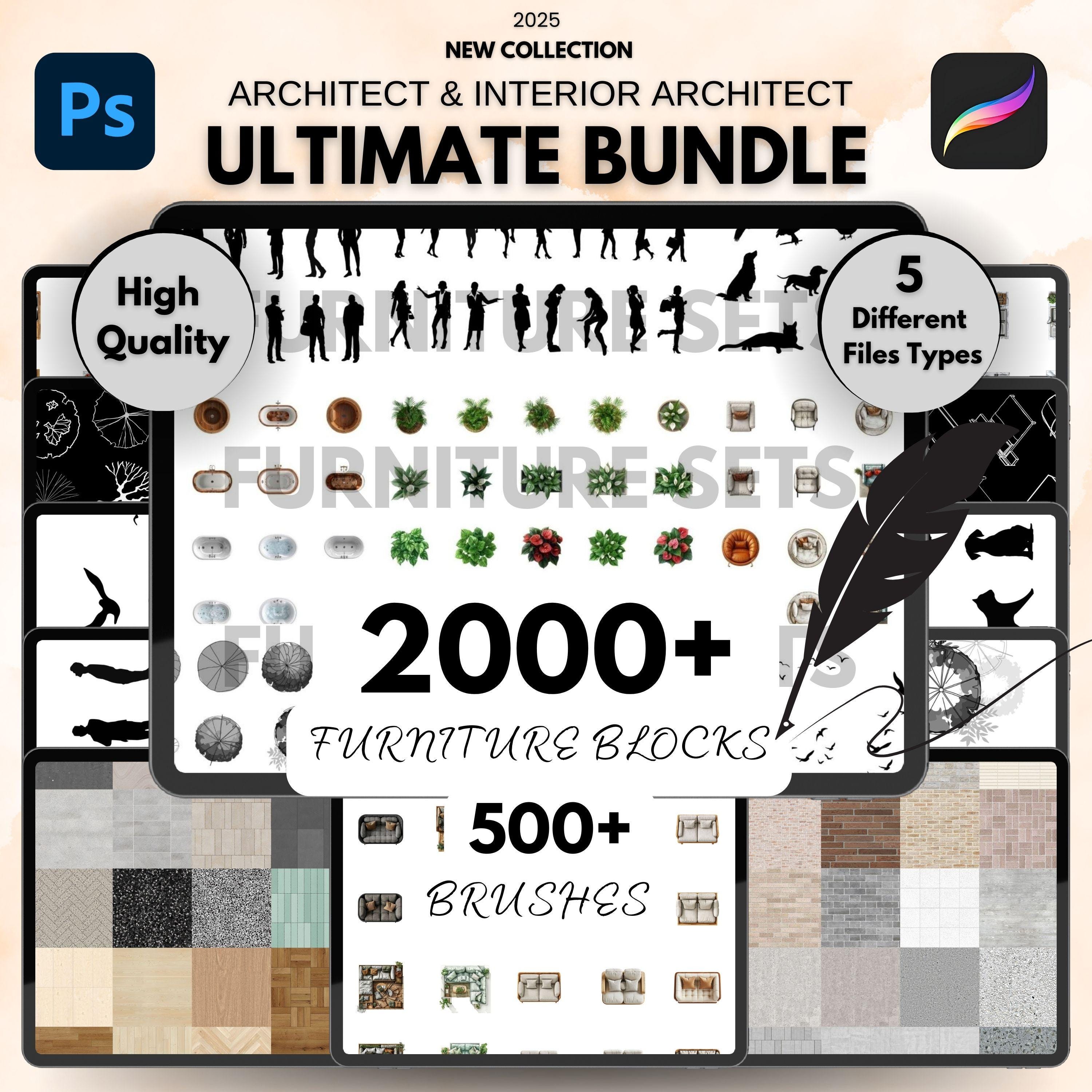 Paquete de Diseño Definitivo: más de 2000 assets de mobiliario en vista superior + 500 pinceles para Photoshop y Procreate (PNG/PDF/JPEG)