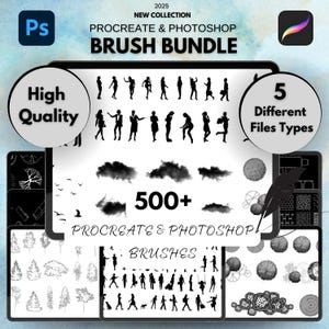 May include: A digital illustration of a brush bundle for Procreate and Photoshop. The image shows a variety of brushes, including trees, clouds, people, and other objects. The text "500+ Procreate & Photoshop Brushes" is displayed in the centre of the image.