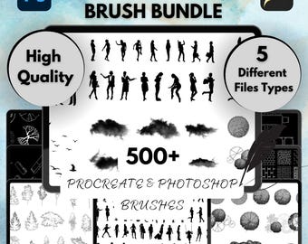 500+ Brush Bundle for Photoshop Procreate, Human, Tree, Nature, Architecture Brushes, Snow, Bird, Animal, Cloud, Plan, PNG Files Included