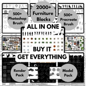 Könnte beinhalten: Eine Collage von Bildern, die ein digitales Produktpaket für Innenarchitektur präsentieren. Das Paket enthält über 2000 Möbelblöcke, über 500 Photoshop-Pinsel und über 500 Procreate-Pinsel. Der Text "ALL IN ONE" und "BUY IT GET EVERYTHING" wird in großen, fetten Buchstaben angezeigt. Das Paket enthält auch Render- und Modellpakete.