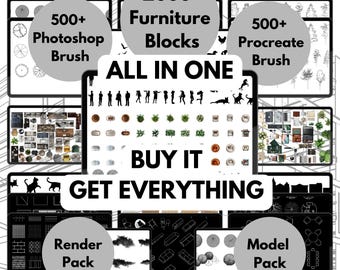 Pode incluir: Uma colagem de imagens que mostram um pacote de produtos digitais para design de interiores. O pacote inclui mais de 2000 blocos de móveis, mais de 500 pincéis do Photoshop e mais de 500 pincéis do Procreate. O texto "TUDO EM UM" e "COMPRE OBTENHA TUDO" é exibido em letras grandes e em negrito. O pacote também inclui pacotes de renderização e modelos.