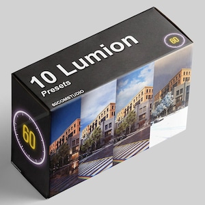 Op de afbeelding: Een zwarte doos met de tekst "10 Lumion Presets 60COMSTUDIO" en een gele cirkel met het nummer "60" erin. De doos toont vier verschillende afbeeldingen van een stadsstraat met gebouwen, bomen en een zebrapad.