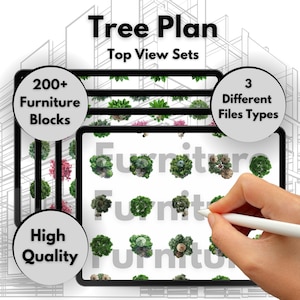 Op de afbeelding: Een digitale tablet met een verzameling van meer dan 200 hoogwaardige afbeeldingen van boomtoppen vanuit vogelperspectief. De tekst "Tree Plan Top View Sets" wordt boven de tablet weergegeven. De tekst "200+ Furniture Blocks" wordt in een cirkel aan de linkerkant van de tablet weergegeven. De tekst "3 Different Files Types" wordt in een cirkel aan de rechterkant van de tablet weergegeven. De tekst "High Quality" wordt in een cirkel onder de tablet weergegeven.