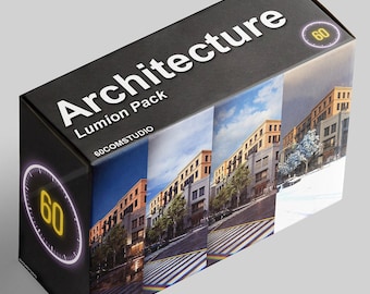 Könnte beinhalten: Eine Schachtel mit dem Text "Architecture Lumion Pack 60COMSTUDIO" und einer großen Zahl "60" in einem Kreis. Die Schachtel zeigt drei verschiedene Bilder einer Stadtstraße mit Gebäuden, Bäumen und einem Zebrastreifen.