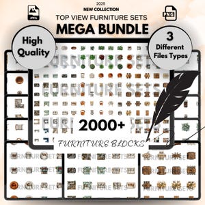Op de afbeelding: Een digitale illustratie van een collectie van meer dan 2000 bovenaanzicht meubelsets. De afbeelding toont een verscheidenheid aan meubels, waaronder stoelen, tafels, banken en bedden. De meubels zijn gerangschikt in een rasterpatroon, en de afbeelding is gelabeld met "2000+ Meubelblokken".