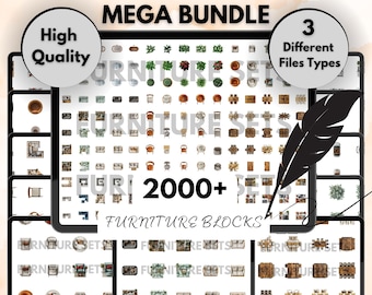 Könnte beinhalten: Eine digitale Illustration einer Sammlung von über 2000 Möbelsets in Draufsicht. Das Bild zeigt eine Vielzahl von Möbelstücken, darunter Stühle, Tische, Sofas und Betten. Die Möbel sind in einem Raster angeordnet, und das Bild ist mit "2000+ Möbelblöcke" beschriftet.