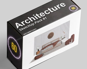 Könnte beinhalten: Eine Schachtel mit einem Schwarzweißbild eines Schlafzimmer-Interieurs. Die Schachtel ist mit "Architecture SketchUp Pack #1 60COMSTUDIO" beschriftet und hat ein Timer-Symbol mit der Nummer 60.