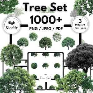 Könnte beinhalten: Eine digitale Illustration eines Sets mit über 1000 Bäumen in den Formaten PNG, JPEG und PDF. Das Bild zeigt eine Vielzahl von Baumarten, darunter Laubbäume und Nadelbäume. Der Text "Tree Set 1000+ PNG/JPEG/PDF" wird oben im Bild angezeigt.