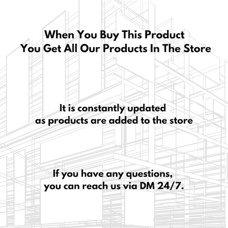 K&ouml;nnte beinhalten: Text&uuml;berlagerung auf einer wei&szlig;en und grauen Architekturzeichnung. Der Text lautet: "Wenn Sie dieses Produkt kaufen, erhalten Sie alle unsere Produkte im Shop. Es wird st&auml;ndig aktualisiert, sobald Produkte zum Shop hinzugef&uuml;gt werden. Wenn Sie Fragen haben, k&ouml;nnen Sie uns &uuml;ber DM rund um die Uhr erreichen."