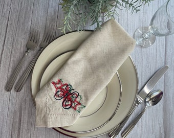 Set of Six Embroidered Linen Napkins Wedding Housewarming Christmas