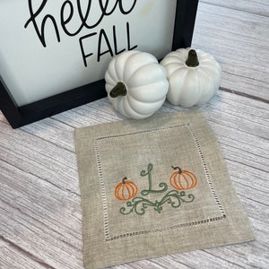 Set of Four Embroidered Linen Cocktail Napkins Thanksgiving Halloween Fall