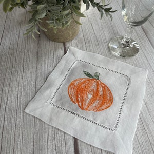 Set of Four Embroidered Linen Cocktail Napkins Thanksgiving Halloween Fall