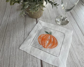 Set of Four Embroidered Linen Cocktail Napkins Thanksgiving Halloween Fall