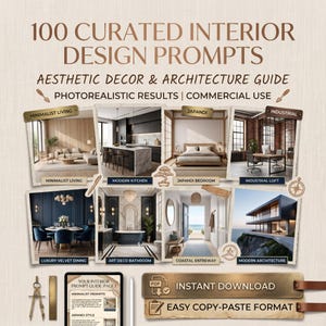 May include: A digital guide titled 100 Curated Interior Design Prompts featuring aesthetic decor and architecture. The layout includes eight photographic examples of rooms and buildings, a tablet displaying prompt text, a compass, and a ruler.