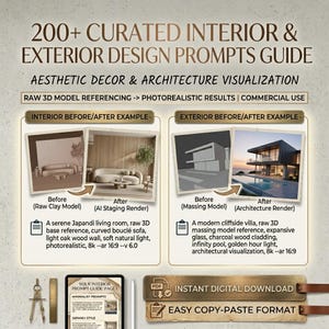 Può includere: Una guida digitale intitolata 200+ Curated Interior & Exterior Design Prompts Guide con esempi prima e dopo di visualizzazioni architettoniche di interni ed esterni, inclusi modelli 3D grezzi e rendering IA fotorealistici con testo.