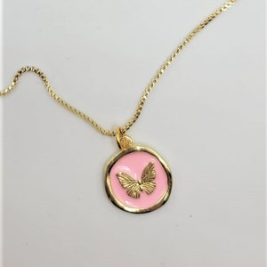 Pretty  Pink Butterfly Coin Necklace 14K Gold Plated