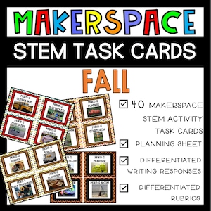 May include: 40 Fall-themed STEM activity task cards for makerspace. Includes differentiated writing responses and rubrics.