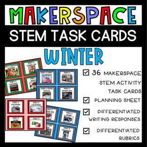 Op de afbeelding: Een set van 36 winterthema STEM-activiteitskaarten voor makerspaces. De kaarten bevatten afbeeldingen van winterthema-ambachten en activiteiten, zoals het maken van een sneeuwpop, een sneeuwbol en een sneeuwploeg. De kaarten bevatten ook een planningssheet, gedifferentieerde schriftelijke antwoorden en gedifferentieerde rubrieken.
