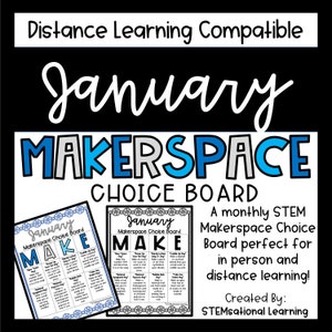 Op de afbeelding: Een bedrukbaar januari Makerspace keuzebord in blauw en wit met de tekst "January Make Makerspace Choice Board" en een lijst met activiteiten die leerlingen kunnen uitvoeren.