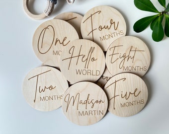 Custom Baby Wood Monthly Milestone Markers Discs with Personalization, Personalized Engraved Wood Monthly Milestone Markers, Christmas Gift
