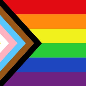 Puede incluir: Una bandera del orgullo con un círculo morado con un centro amarillo en la esquina superior izquierda. La bandera tiene rayas negras, marrones, azul claro, rosas, blancas, amarillas, verdes, azules y moradas.