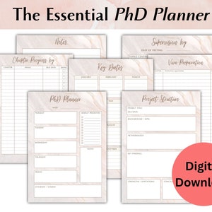 May include: A collection of printable planner pages with a marble design. The pages include sections for notes, chapter progress, key dates, a PhD planner, supervision log, viva preparation, and project structure. The text "The Essential PhD Planner" is at the top.