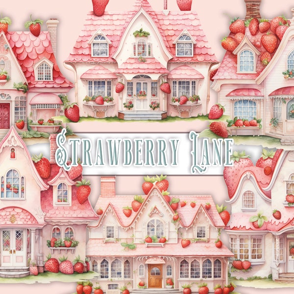 Watercolor Strawberry house doll Clipart Pastel shabbychic cafe PNG Digital Image Downloads Card Making Scrapbook Junk Journal Paper Crafts