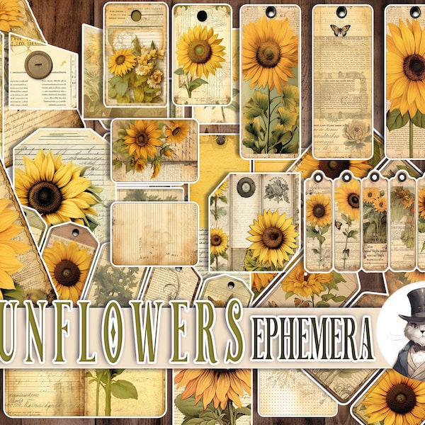 SUNFLOWERS Ephemera Junk Journal Digital Kit Vintage Pages Printable media Shabby Chic Collage Paper Scrapbook,Digi Kit mixed flowers plants