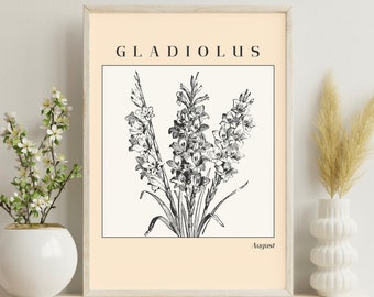 August Gladiolus Printable Birth Month Flower Art | Instant Download Wall Decor | Digital Gift Cottagecore Print Vintage Botanical Meaning