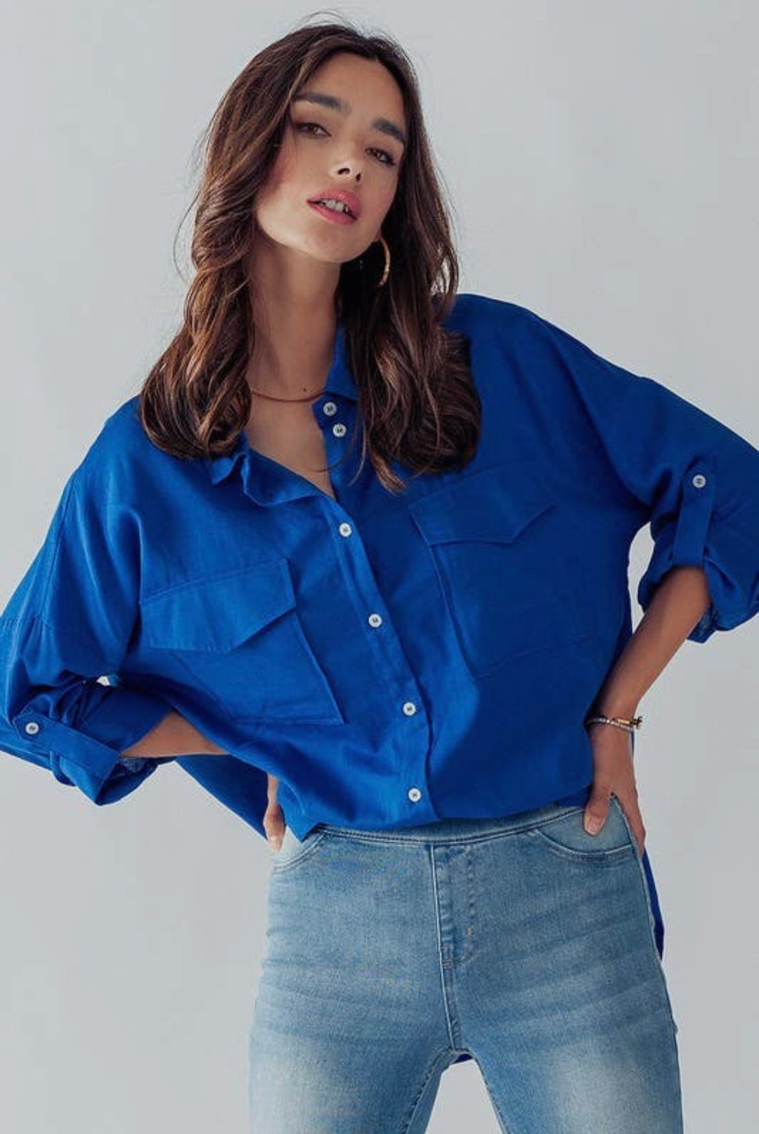 And The Why Oversized Linen Button Down Shirts Top