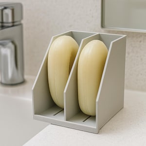 Puede incluir: Un jabonera gris claro con dos compartimentos, cada uno con una pastilla de jabón amarillo claro. La jabonera es rectangular con lados angulados y se encuentra sobre una encimera blanca. Un grifo cromado es visible en el fondo.