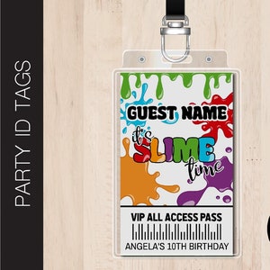 Bewerkbare ID-tag voor SLIME-feestje | ViP All Access-pas | ID-badge |  Naamplaatje | Gastentags | ID-kaarten | Naambadges | Corjl B215