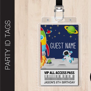 Etiquette d'identification de fête SPACE modifiable | Pass Accès VIP VIP | Badge d'identification |  Étiquette de nom | Mots-clés invités | Cartes d'identité | Badges nominatifs | Corjl B254