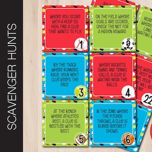 24 cartes d'indices modifiables pour la chasse au trésor en plein air | Chasse au trésor personnalisée | Carte de devinette imprimable | Jeu de Fête d'Anniversaire | Sport | Corjl 0004