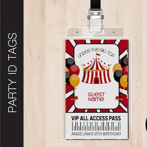 Bewerkbare ID-tag voor CIRCUS-feestje | ViP All Access-pas | ID-badge |  Naamplaatje | Gastentags | ID-kaarten | Naambadges | Corjl B217