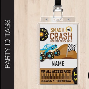 Bearbeitbar MONSTER TRUCK Party ID Tag | ViP All Access Pass | Id Zeichen |  Namensschild | Gäste Tags | Ausweiskarten | Namensschilder | Korb B057