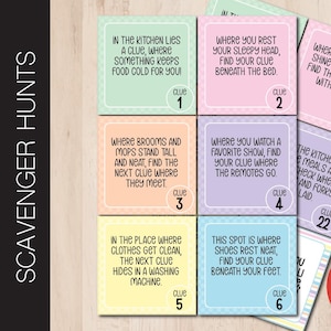 24 tarjetas de pistas editables para búsqueda del tesoro en interiores / Búsqueda del tesoro personalizada / Tarjeta de acertijo imprimible / Juego de fiesta de cumpleaños / Búsqueda de Pascua / Corjl 0001