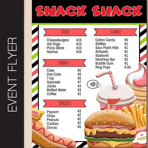 Puede incluir: Un letrero rojo y negro con las palabras "Snack Shack" en blanco. El letrero enumera artículos de comida y bebida con precios, incluyendo hamburguesas con queso, hot dogs, rebanadas de pizza, nachos, coca-cola, coca-cola light, 7-up, gatorade, jugos, agua embotellada, café, palomitas de maíz, papas fritas, cacahuates, galletas y donas. El letrero también enumera artículos de dulces con precios, incluyendo algodón de azúcar, skittles, sour patch kids, airheads, starburst, barras hersheys, chicle y ring pops. El letrero tiene una imagen de dibujos animados de una hamburguesa, papas fritas y un batido.