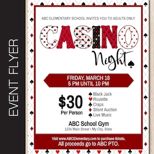 Bewerkbare flyer voor casino-avondevenement | Uitnodiging voor aangepaste inzamelingsactie voor pokeravond | Evenementflyer avondje uit voor ouders | 8,5 x 11 pdf of JPG Corjl 0005