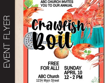 May include: A flyer for an annual crawfish boil hosted by ABC Church. The flyer features a watercolor illustration of crawfish, a pot, and a blue and white tablecloth. The event is free for all and will be held on Sunday, April 10th from 12-2 PM. The address of the church is listed as 1234 Main Street, My City, State.