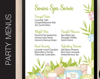 Editable SPA DAY Party Menu | Food Menu | Drink Sign | Concessions | Kid Birthday Party | Food & Drink List  | PdF or JPG Corjl B259