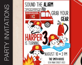 May include: A red fire truck with a Dalmatian dog wearing a firefighter hat. The text reads "Sound the Alarm" and "Grab Your Gear". The invitation is for Harper's 3rd birthday party on August 10th at 2 PM at The Smith House.