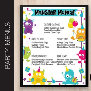 Bearbeitbares MONSTER Party Menü | Menü Essen | Getränk-Zeichen | Ermäßigungen | Kindergeburtstag-Party | Essen & Trinken Liste | PDF oder JPG Corjl B251